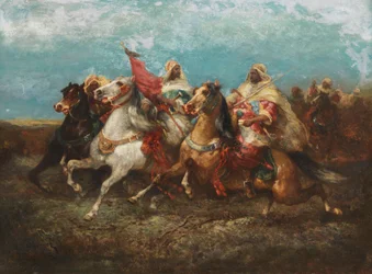 Drei nach links reitende Araber mit Gefolge